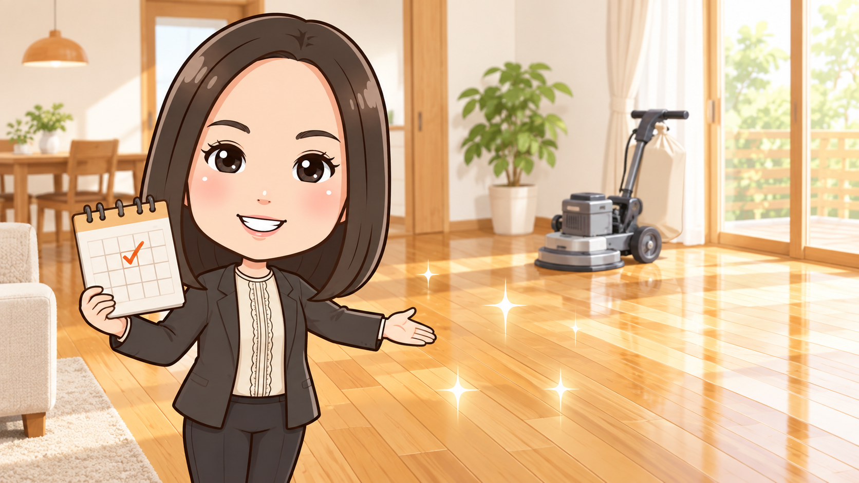 施工日を決めて美しく再生した床を案内するGoldhurst代表 澤田のイラスト