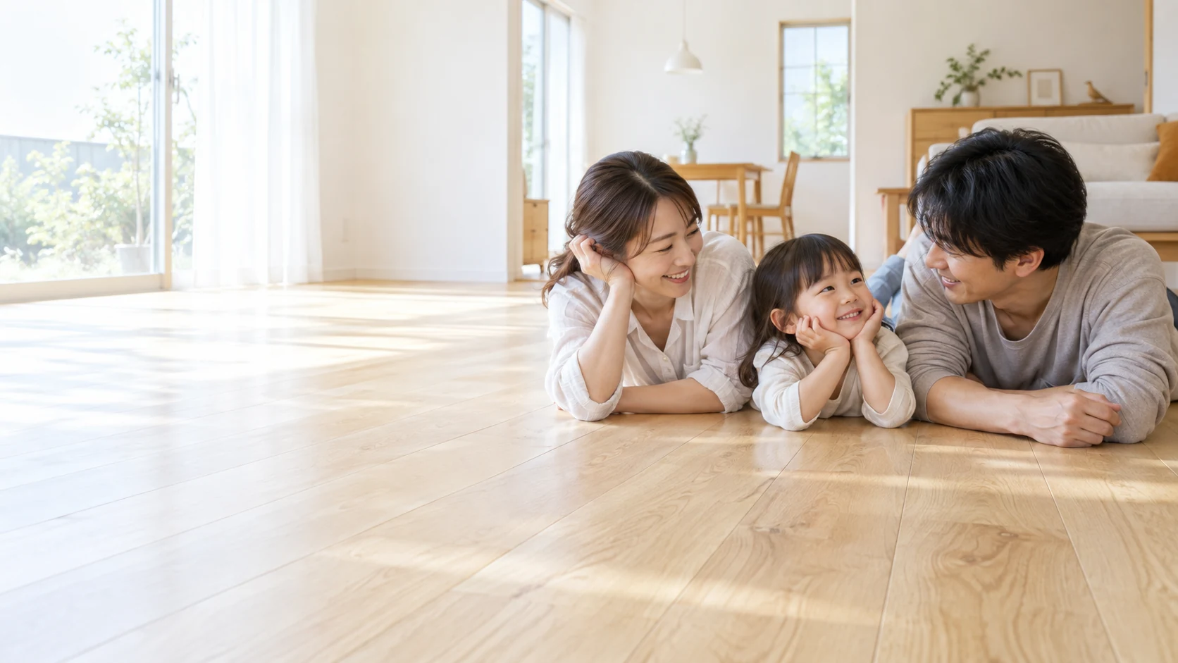 きれいな木の床でくつろぐ日本人の家族